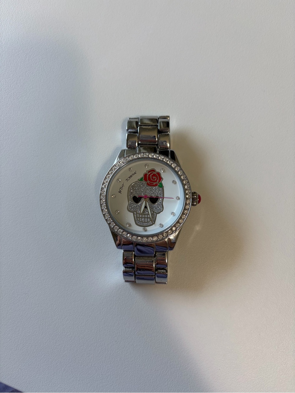Betsey Johnson Silver Skull Watch with Red Rose Accent